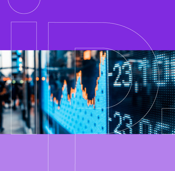 stock market screens with graphs and numbers, with a purple envelope above and below