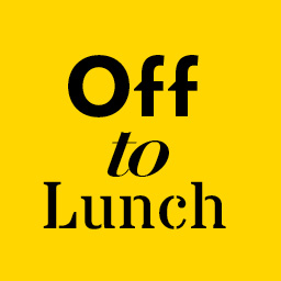 off to lunch logo black text on llow 
