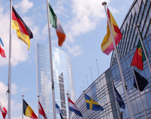 European flags fly outside EU building