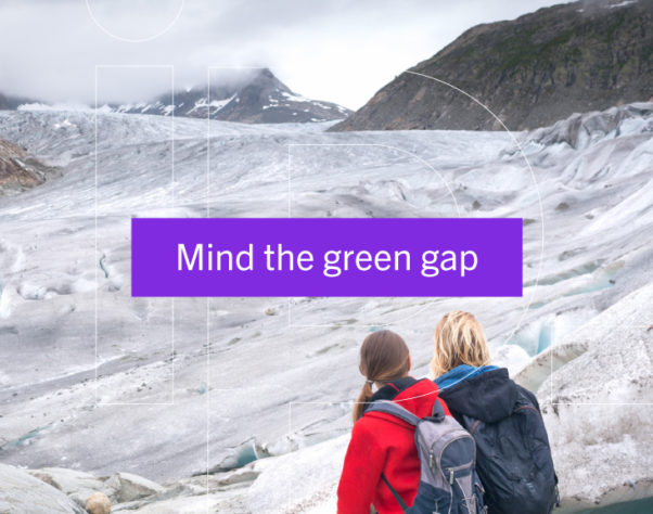 Mind the green gap - two people with backpacks look over a glacial landscape